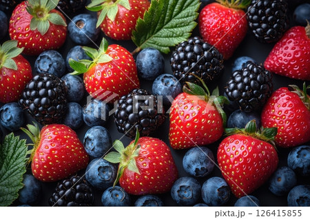 Fresh assorted berries including strawberries, blackberries, and blueberries 126415855