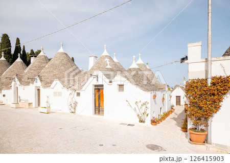 Trulli alley with flower pots in Alberobello Trulli alley with flower pots in Alberobello 126415903