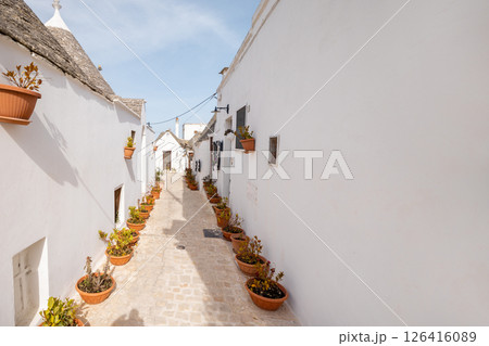 Trulli alley with flower pots in Alberobello 126416089