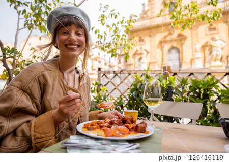 Traditional Sicilian lunch with wine in Modica Traditional Sicilian lunch with wine in Modica 126416119