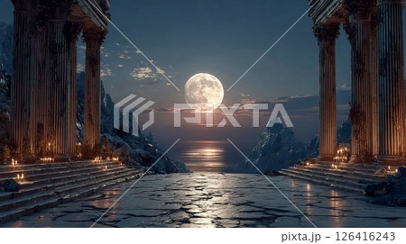 Full moon framed by ancient ruins under a midnight sky Full moon framed by ancient ruins under a midnight sky 126416243