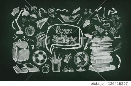 Welcome back to school horizontal banner, chalk drawing on school board, vector illustration. Handmade, not AI Vector illustration 126416297
