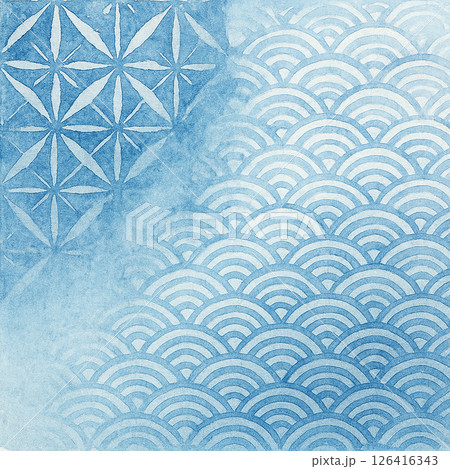 藍色の青海波と麻の葉模様の和風水彩背景 − 伝統的な和柄パターン 藍色の青海波と麻の葉模様の和風水彩背景 − 伝統的な和柄パターン 126416343