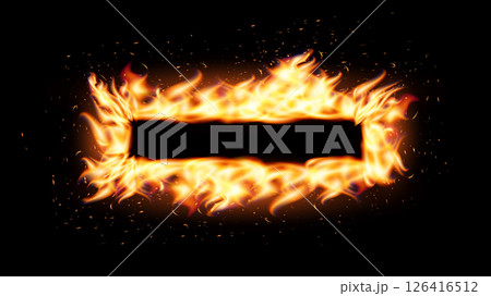 Burning rectangular fire frame with glowing flames and sparks on black background. Ideal for dramatic banners, warning signs, energetic promo visuals. Vector illustration. 126416512