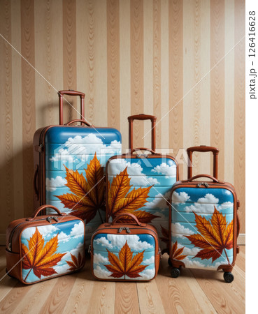 autumn collection of bags and suitcases on wheels for travel, luggage concept 126416628