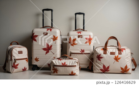 autumn collection of luxury travel bags and suitcases on wheels with autumn print 126416629