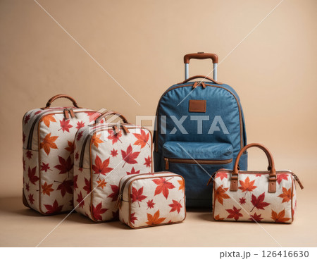 autumn luxury travel bag and backpack set with yellow leaves print, travel concept 126416630