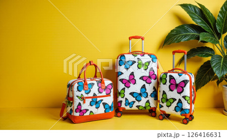 collection of travel bags and suitcases on wheels for traveling with a print of colorful butterflies 126416631