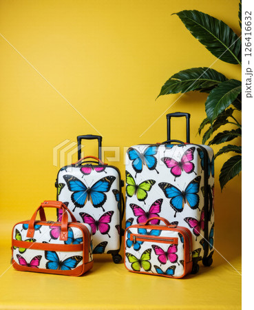 collection of travel bags and suitcases on wheels for traveling with a print of colorful butterflies 126416632