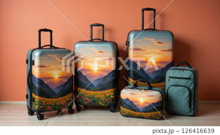 wide range of wheeled suitcases of different sizes and travel bags with alpine print 126416639