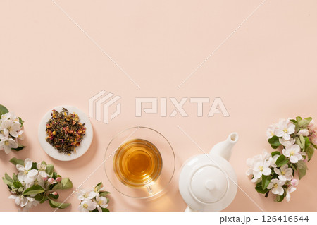 Black Chinese Tea Setting with blossom white apple flowers. 126416644