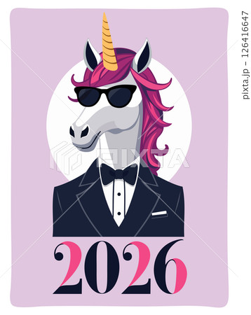 2026. Chinese Year of the Horse. Handsome unicorn in sunglasses and festive suit with bow tie 126416647