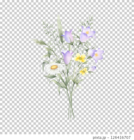 Bouquet of watercolor wildflowers bellflower, chamomile, buttercup and meadow grasses. Hand drawn isolated illustration of yellow and lilac flowers for invitation, postcard, print, fabric and sticker. Bouquet of watercolor wildflowers bellflower, chamomile, buttercup and meadow grasses. Hand drawn isolated illustration of yellow and lilac flowers for invitation, postcard, print, fabric and sticker. 126416707