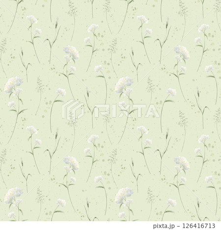 Watercolor wildflowers yarrow and field grasses. Seamless floral pattern on light green background. Hand drawn illustration meadow white flowers and wild greenery for fabric print, textile and cards. 126416713