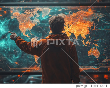 Urban Man Points at Global Digital Map 126416881