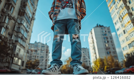Urban street style, low-angle view of person, modern apartment buildings in background 126416882