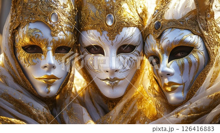 Venetian Carnival Masks Close-up, Gold and White, Tourists in Background 126416883