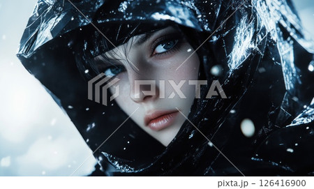 Woman in hooded cloak, snowy landscape, close-up, contemplation 126416900