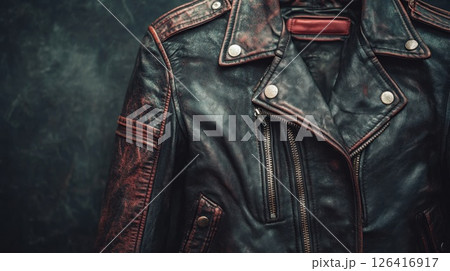 Worn leather jacket, close-up, dark background, studio shot 126416917
