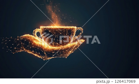 Abstract hand holding steaming coffee cup, polygonal style 126417069