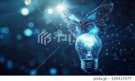 Abstract lightbulb with butterfly, digital network, blurred background 126417077