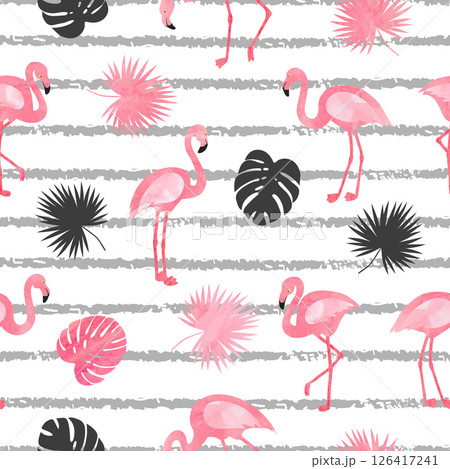 Seamless watercolor flamingo bird pattern. Vector tropical background 126417241