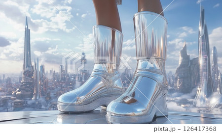 Futuristic city view, female legs in silver boots, platform heels, aerial perspective 126417368