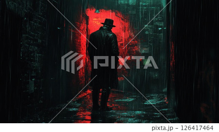 Gloomy alleyway, rain, man in coat, red light Gloomy alleyway, rain, man in coat, red light 126417464