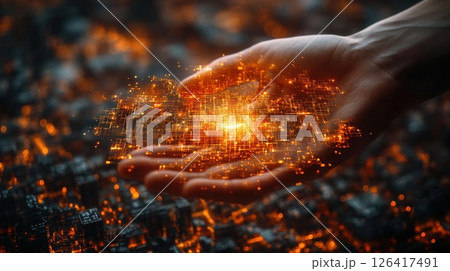 Hand holds digital city over burning landscape Hand holds digital city over burning landscape 126417491