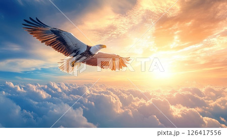 Majestic Eagle Soaring Above Clouds at Sunrise 126417556