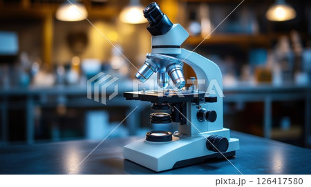 Modern microscope on lab table, blurred lab background Modern microscope on lab table, blurred lab background 126417580