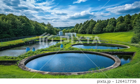 Rural wastewater treatment ponds under a partly cloudy sky Rural wastewater treatment ponds under a partly cloudy sky 126417736
