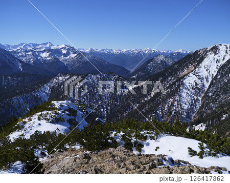 Sweeping mountain vistas showcase snow-covered peaks under a clear blue sky in a remote alpine region Sweeping mountain vistas showcase snow-covered peaks under a clear blue sky in a remote alpine region 126417862