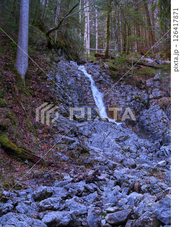 Flowing water cascades over rocky terrain in a serene forest setting during early evening light 126417871