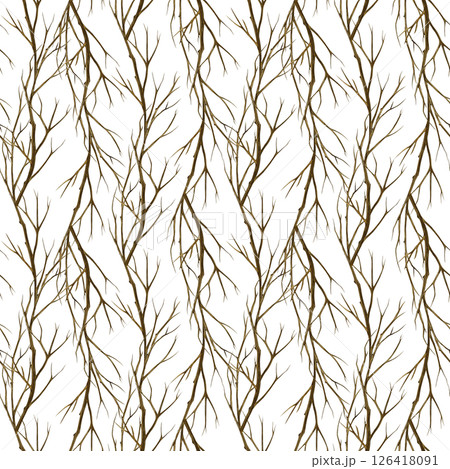 Seamless autumn pattern with bare tree branches. Handmade watercolor illustration. Vertical floral pattern. For packaging, textiles, wallpaper, and wrapping paper, tablecloths, curtains and home decor 126418091