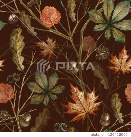 Seamless pattern with various autumn leaves and branches. Handmade watercolor illustration. A color image on a dark background. For packaging, decor, textiles, wallpaper, printing and wrapping paper. 126418093