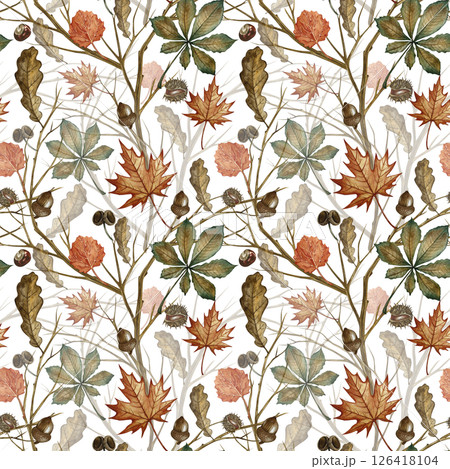 Seamless pattern with different autumn leaves and branches. Handmade watercolor illustration. Color image. Great for packaging, decor, textiles, wallpaper, for printing and wrapping paper. Seamless pattern with different autumn leaves and branches. Handmade watercolor illustration. Color image. Great for packaging, decor, textiles, wallpaper, for printing and wrapping paper. 126418104