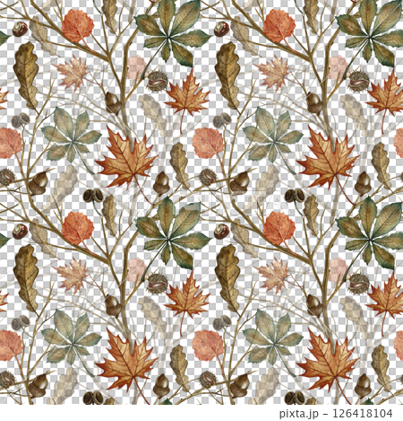 Seamless pattern with different autumn leaves and branches. Handmade watercolor illustration. Color image. Great for packaging, decor, textiles, wallpaper, for printing and wrapping paper. 126418104