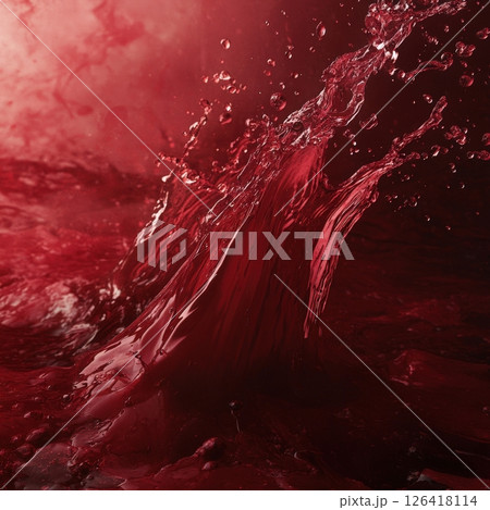 Powerful close-up of a vibrant red wine liquid wave splashing upwards against a dark backdrop. Captures the energy and force of the fluid in motion AI generated 126418114