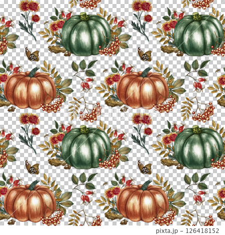 Seamless autumn pattern with pumpkins, leaves and flowers. Handmade watercolor illustration. Color image. For packaging, decor, textiles, wallpaper. As well as for printing and wrapping paper. 126418152