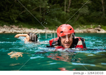 Rafting tour on Tara river, Montenegro, people swimming 126418310