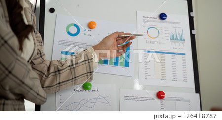 Business Presentation and Financial Analysis. Professional woman presenting budget data on a whiteboard. 126418787