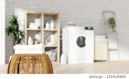 Thoughtfully designed laundry area featuring essential appliances. 3D render illustration Thoughtfully designed laundry area featuring essential appliances. 3D render illustration 126418869