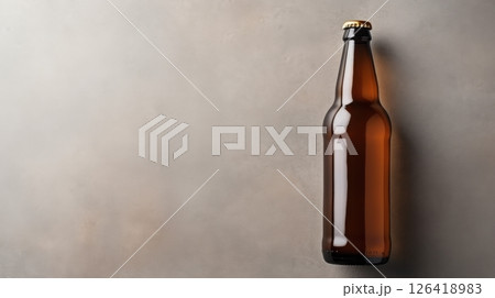 Realistic Single Brown Amber Beer Bottle Mockup with Golden Cap on Grey Background 126418983