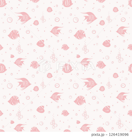 Hand drawn nautical pattern in pink. Fish, bubbles in a repeating seamless pattern with sea life. 126419096