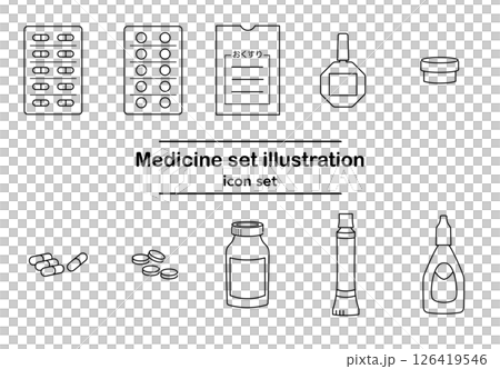 Black and white line drawing illustration of pharmaceutical icon set | Tablets, capsules, eye drops, medicine bag, tube, bottle Black and white line drawing illustration of pharmaceutical icon set | Tablets, capsules, eye drops, medicine bag, tube, bottle 126419546