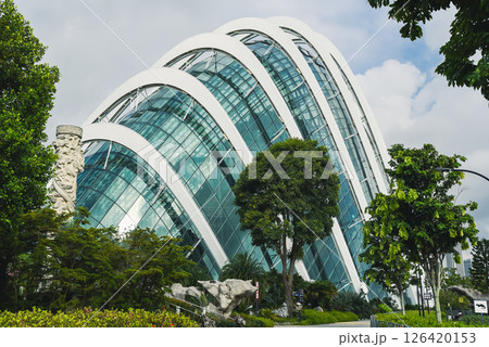 Singapore, Singapore - 4 April 2025: Iconic Cloud Forest dome in Gardens by the Bay framed by trees and modern path on a bright tropical afternoon. Singapore, Singapore - 4 April 2025: Iconic Cloud Forest dome in Gardens by the Bay framed by trees and modern path on a bright tropical afternoon. 126420153