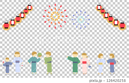 Illustration material of fireworks and people wearing yukata 126420258