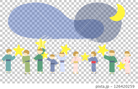 Illustration of cute people wearing yukata and holding stars 126420259