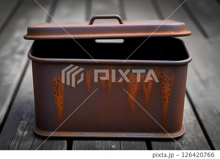 ウッドデッキに置かれた錆びた金属製の入れ物 126420766
